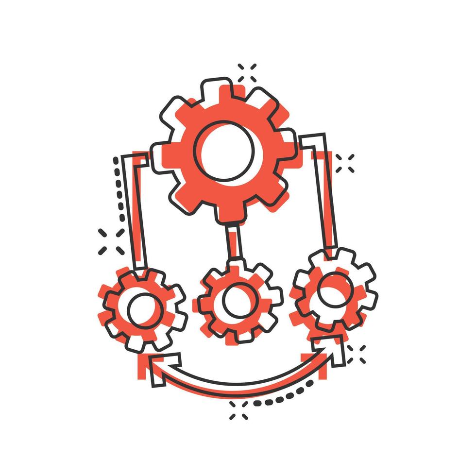 ícone de melhoria em estilo cômico. engrenagem projeto ilustração vetorial dos desenhos animados no fundo branco isolado. conceito de negócio de efeito de respingo de produtividade. vetor