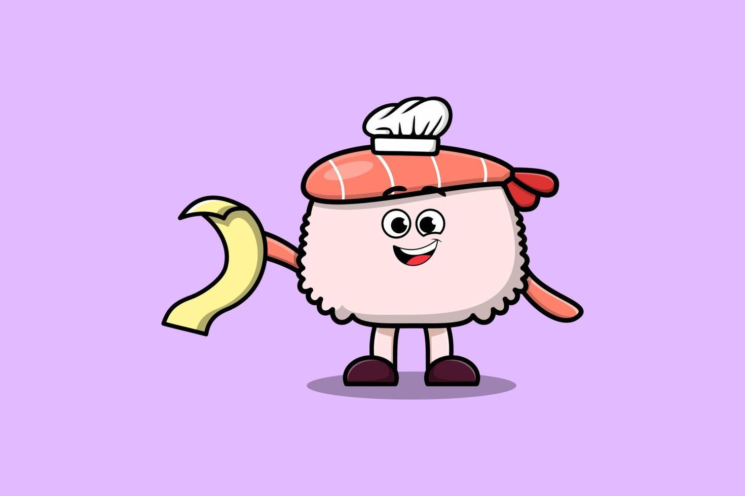 personagem de chef de camarão de sushi bonito dos desenhos animados com menu vetor