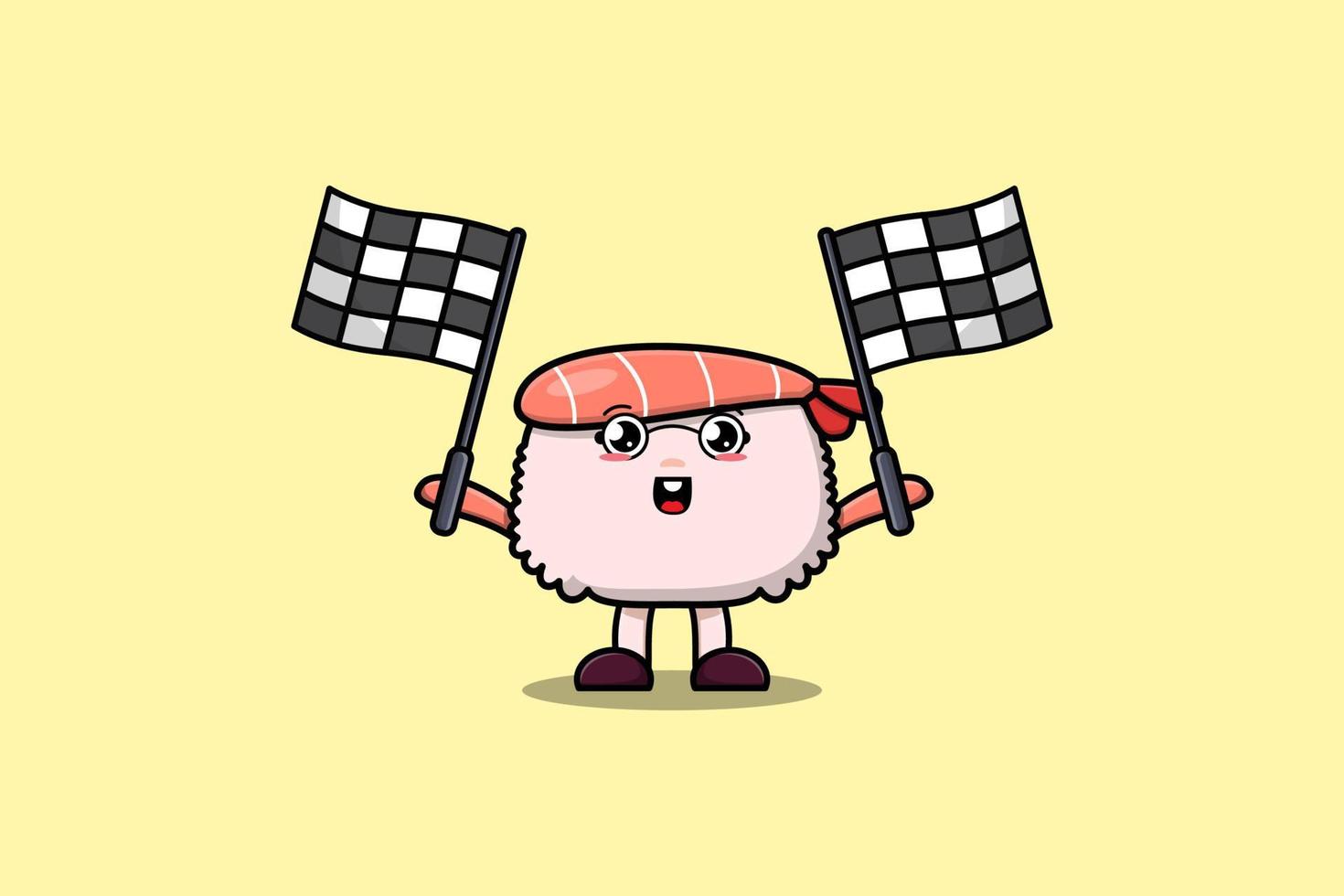 personagem de desenho animado de camarão de sushi fofo segura bandeira de corrida vetor