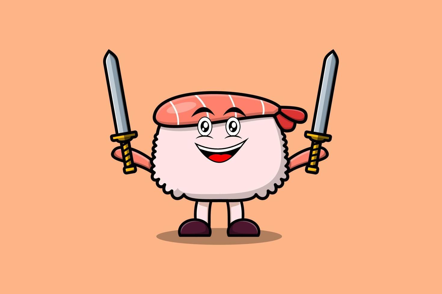 personagem de camarão de sushi bonito dos desenhos animados segura duas espadas vetor