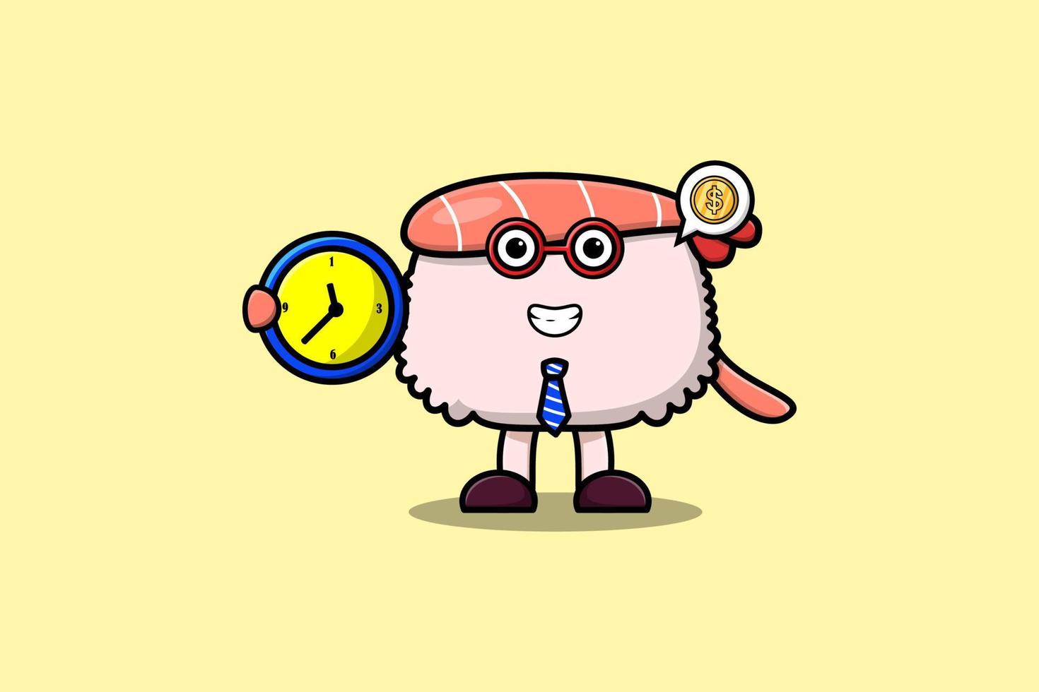 personagem de camarão de sushi bonito dos desenhos animados segurando o relógio vetor