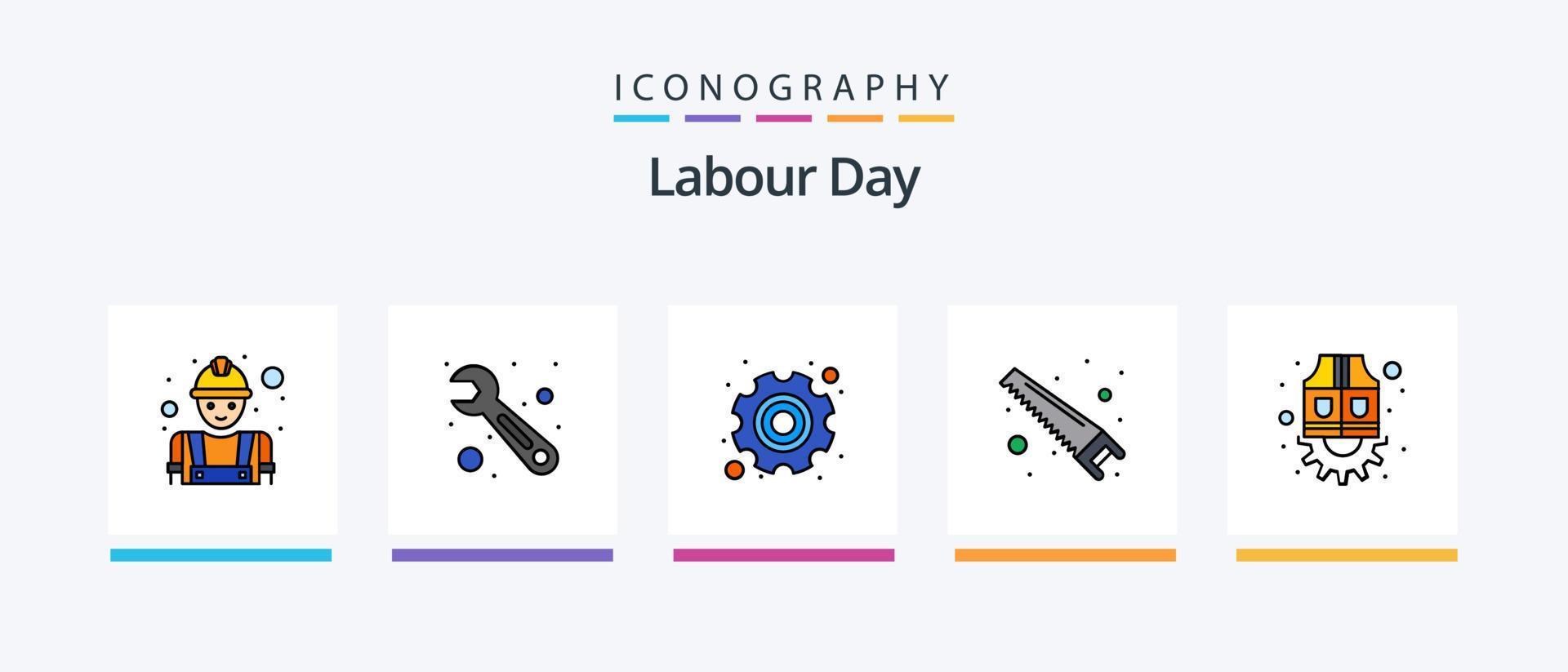 a linha do dia do trabalho encheu o pacote de 5 ícones, incluindo construção. engrenagem. comunista. caneta. impressão azul. design de ícones criativos vetor