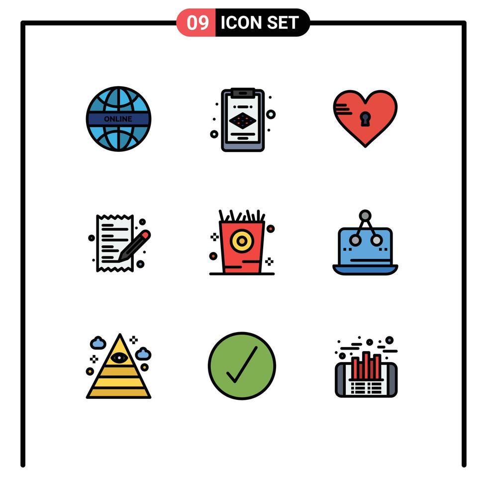 pacote de interface de usuário de 9 cores planas básicas de linha preenchida de lista de compras de coração de batata frita elementos de design de vetores editáveis