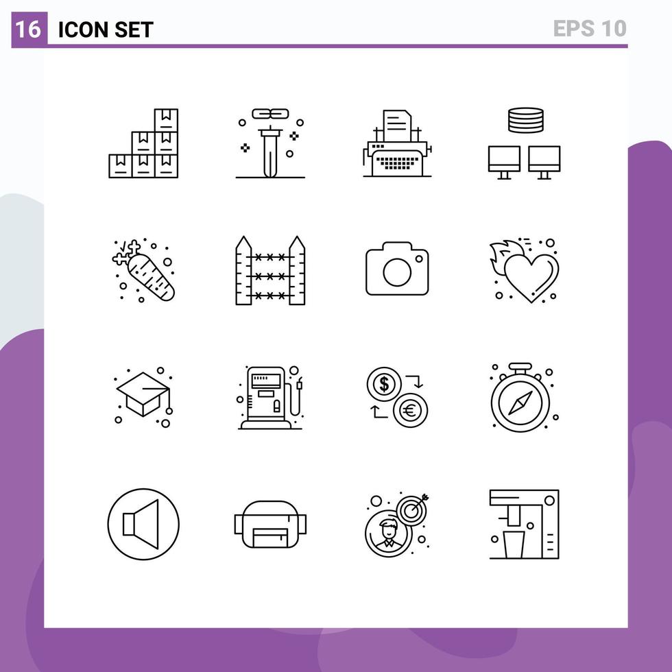 pacote de 16 contornos criativos de elementos de design de vetores editáveis de sincronização de impressora de cenoura de alimentos