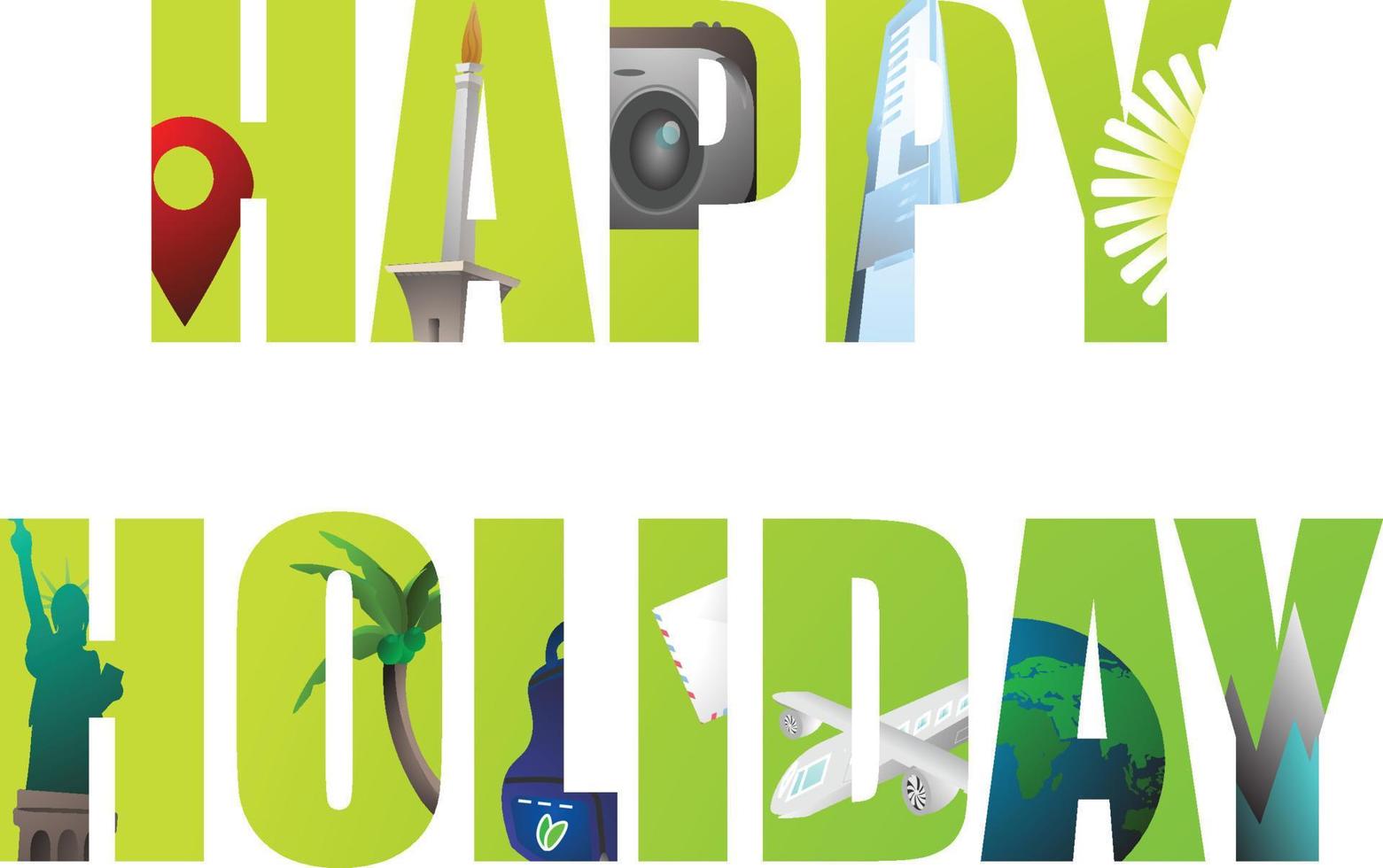 carta de palavra de feliz feriado com cor amarela e verde, férias, turismo, viagens, vetor