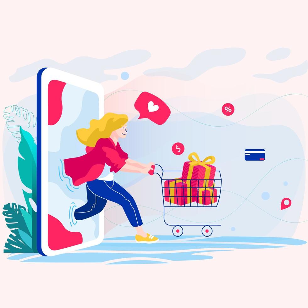 compras on-line app promoção de venda estilo simples do vetor. anuncie banners, brochura, pôster com smartphone. mulher segurando uma ilustração vetorial de carrinho de compras vetor