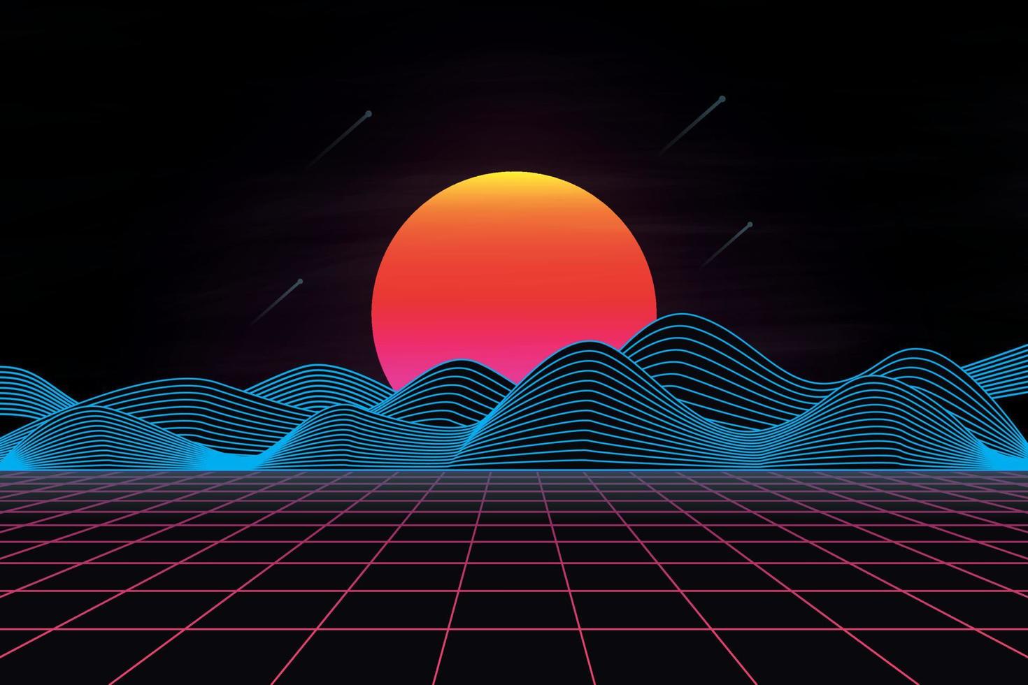 paisagem retrô futurista dos anos 80 com sol e montanha. ilustração vetorial vetor