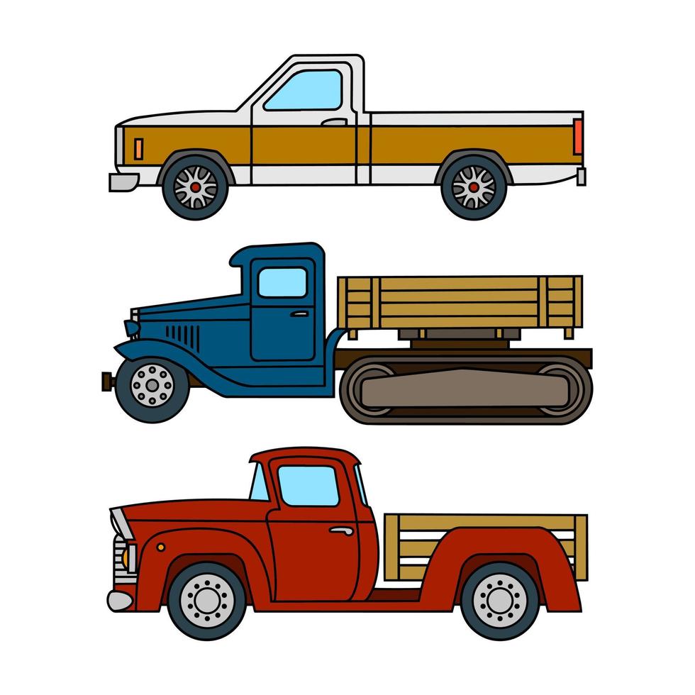 conjunto de caminhões de brinquedo vintage. vista lateral. ilustração vetorial colorida vetor