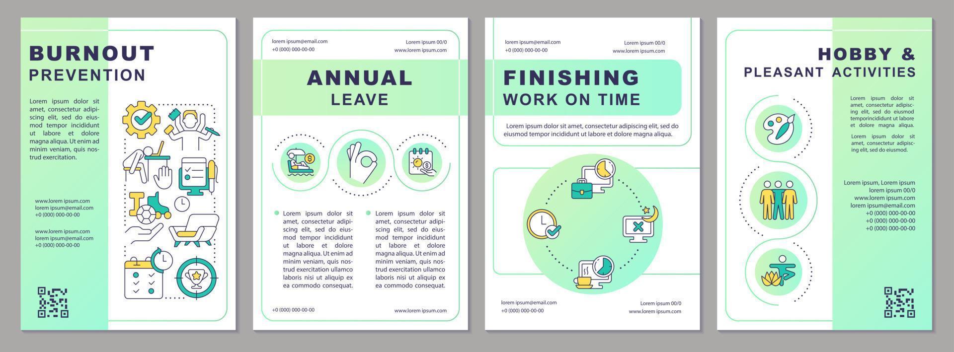 modelo verde de prevenção de esgotamento. saúde mental do trabalhador. design de folheto com ícones lineares. layouts de 4 vetores editáveis para apresentação, relatórios anuais