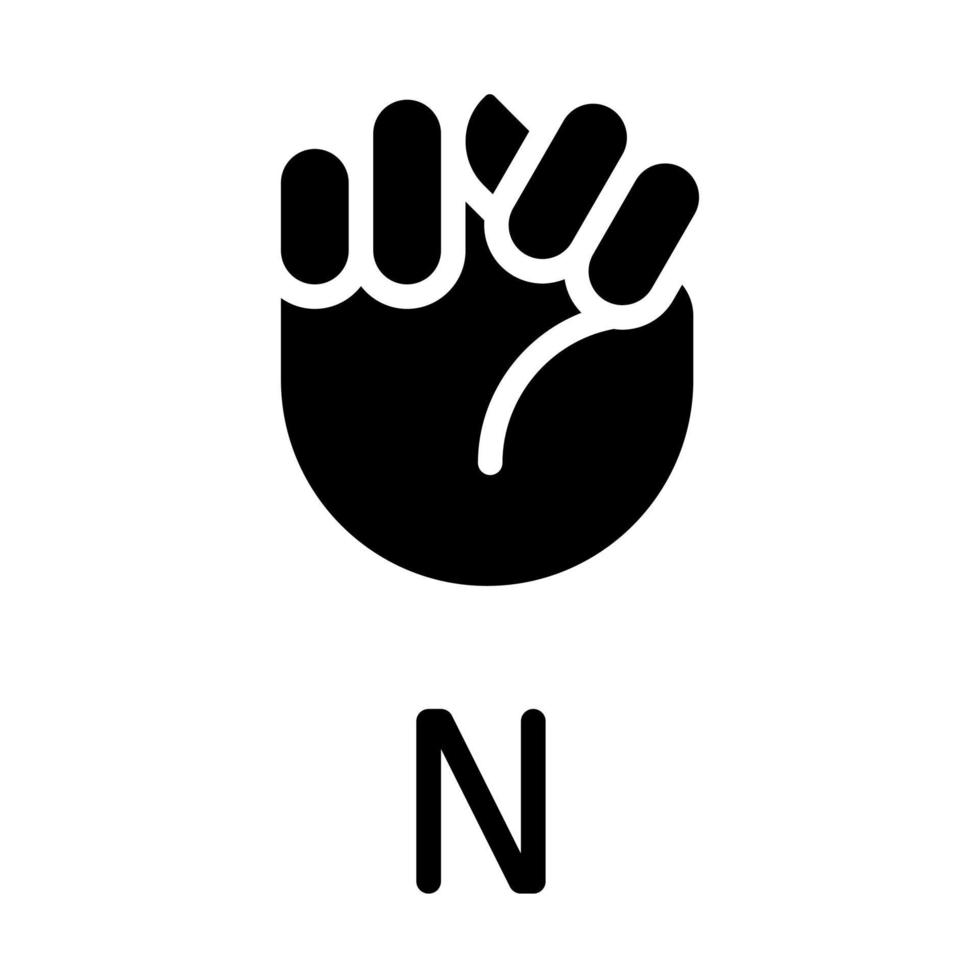 letra n assine no ícone de glifo preto asl. sistema de comunicação. modalidade visual para pessoas com surdez. símbolo da silhueta no espaço em branco. pictograma sólido. ilustração vetorial isolada vetor