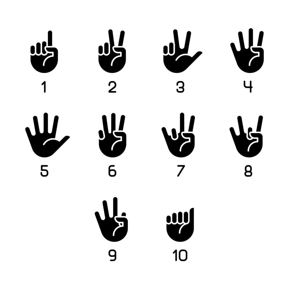 dígitos em ícones de glifo preto de língua de sinais americana definidos no espaço em branco. números em asl. sistema de comunicação não verbal. símbolos de silhueta. pacote de pictograma sólido. ilustração vetorial isolada vetor