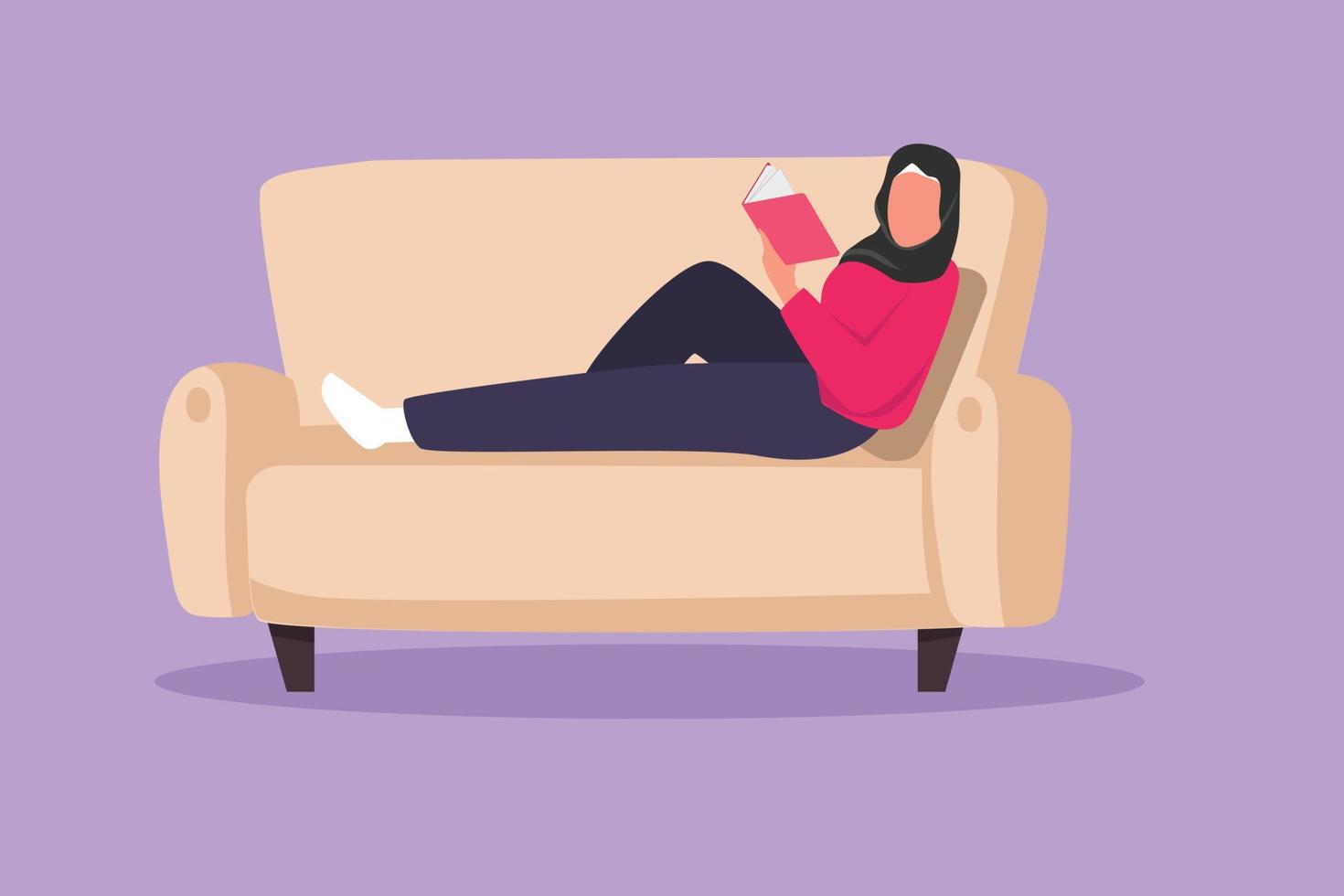 design gráfico plano desenhando mulher árabe deitada no sofá e lendo o livro em casa. literatura de leitura feminina feliz. auto-educação, estudo a distância, conceito relaxante. ilustração vetorial de estilo cartoon vetor