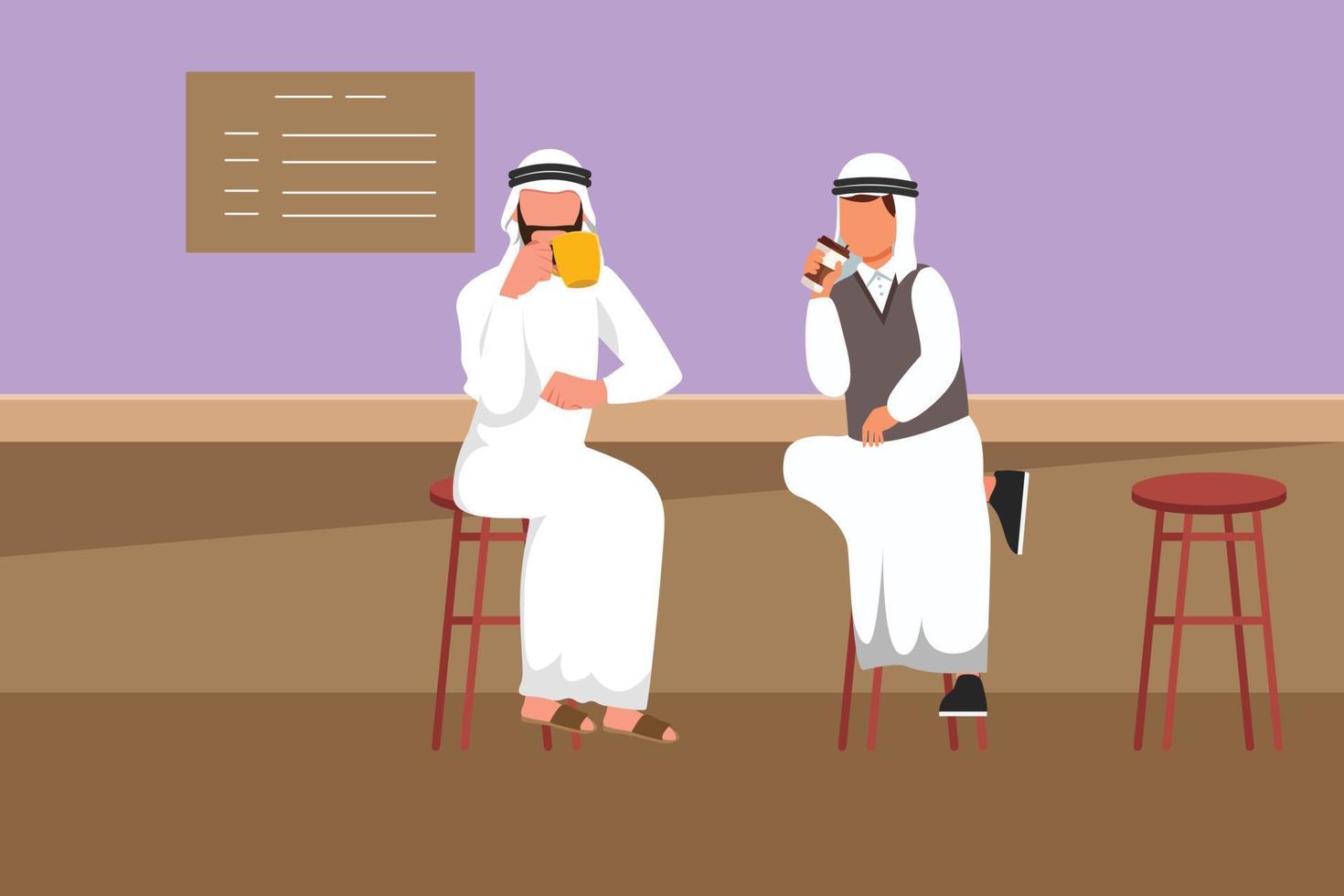 desenho plano de personagem de dois empresários árabes bebendo café na cafetaria. amigos estão sentados e conversando à mesa no restaurante aconchegante. café da manhã diariamente. ilustração vetorial de design de desenho animado vetor