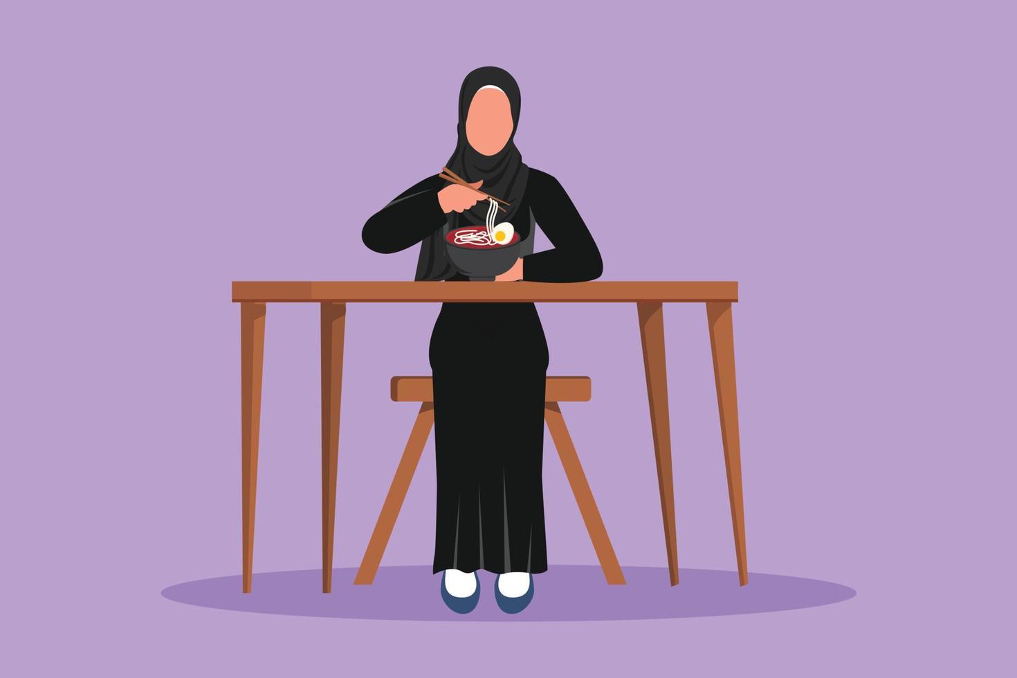 personagem plana desenhando linda garota árabe desfrutando de seu macarrão ramen com colher e pauzinho. jovem mulher sentada na mesa e comendo macarrão no restaurante chinês. ilustração vetorial de design de desenho animado vetor