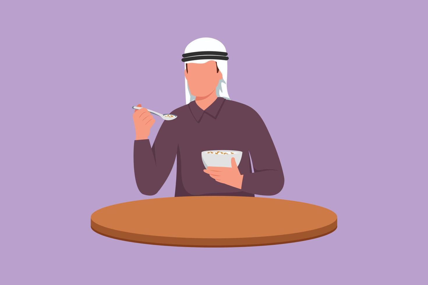 desenho plano de personagem homem árabe feliz tomando café da manhã com cereais e leite. jovem macho sentado à mesa e come com um prato delicioso. conceito de comida de nutrição saudável. ilustração vetorial de design de desenho animado vetor