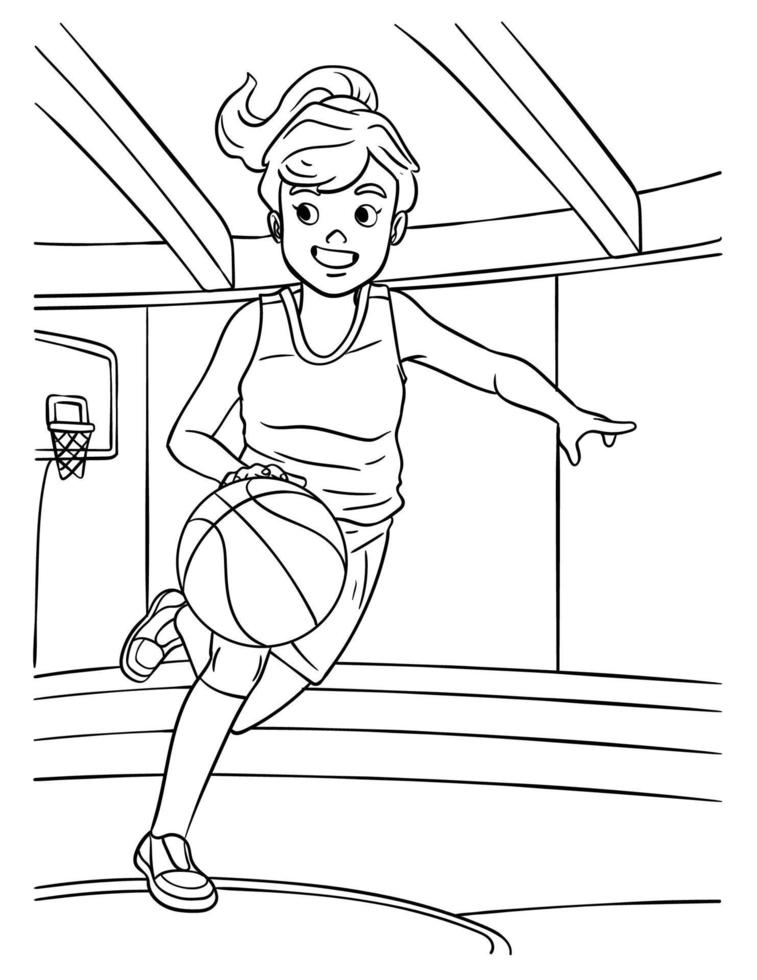 desenho de garota de basquete driblando para colorir para crianças vetor