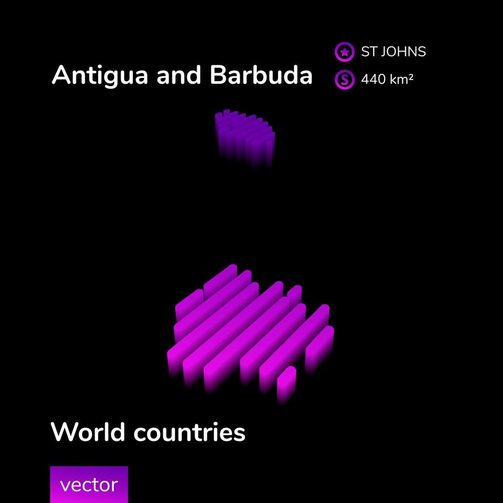 Mapa 3D de Antígua e Barbuda. mapa de vetor listrado digital isométrico de néon estilizado está em cores violetas em fundo preto. bandeira educacional