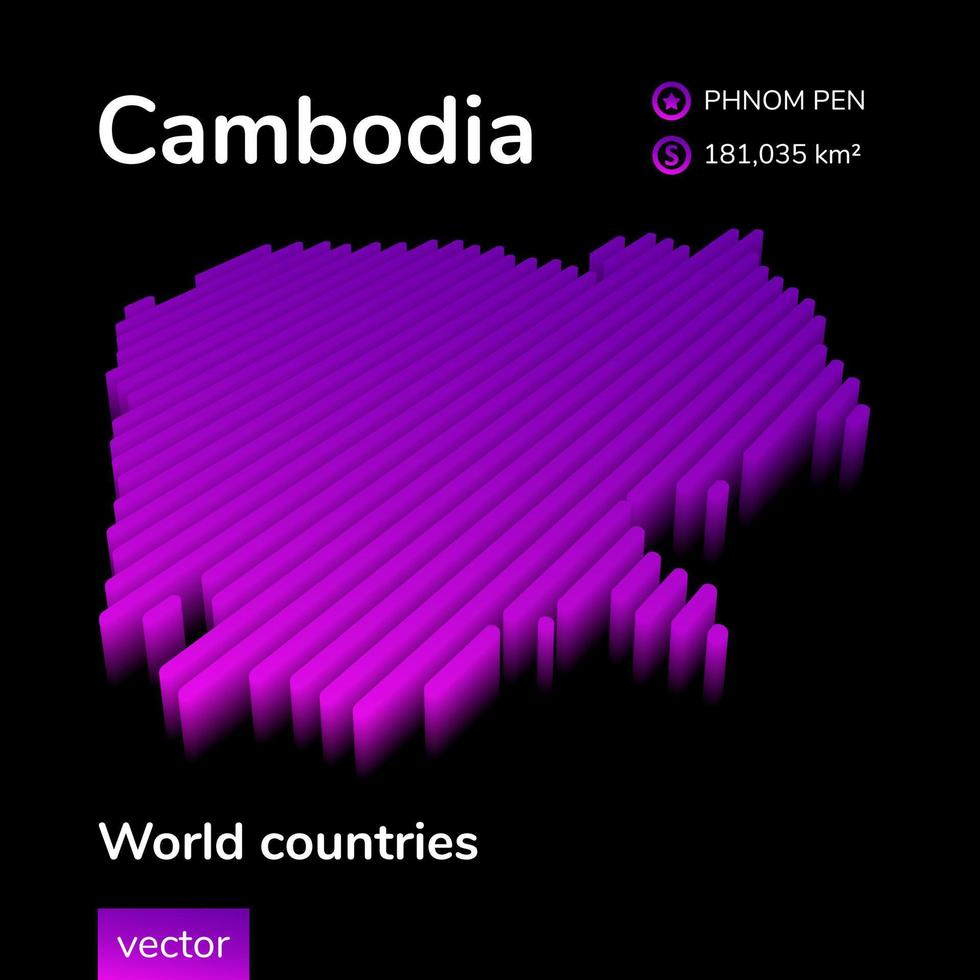 mapa 3d do Camboja. mapa vetorial de néon isométrico listrado estilizado do Camboja está nas cores violeta e rosa em fundo preto. bandeira educacional vetor