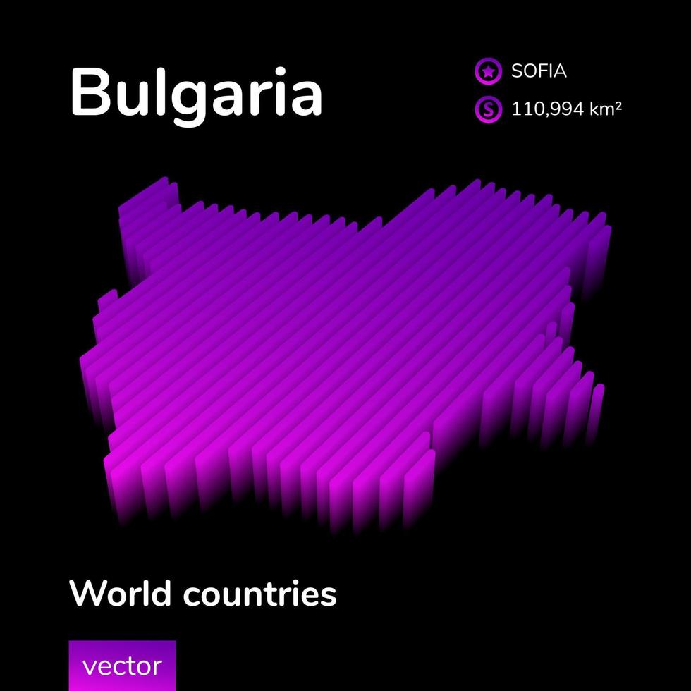 Bulgária mapa 3d. mapa vetorial listrado isométrico digital neon estilizado nas cores violeta e rosa no fundo preto vetor