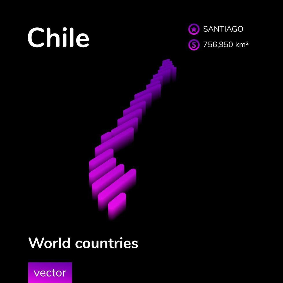 Mapa 3D do Chile. mapa de néon isométrico vetorial estilizado em cores violetas em fundo preto. cartaz de estudo de geografia, elemento infográfico. vetor
