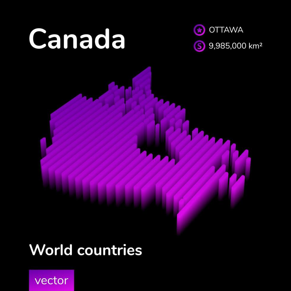 Mapa 3D do Canadá. mapa vetorial listrado digital isométrico simples de néon estilizado nas cores violeta e rosa no fundo preto vetor