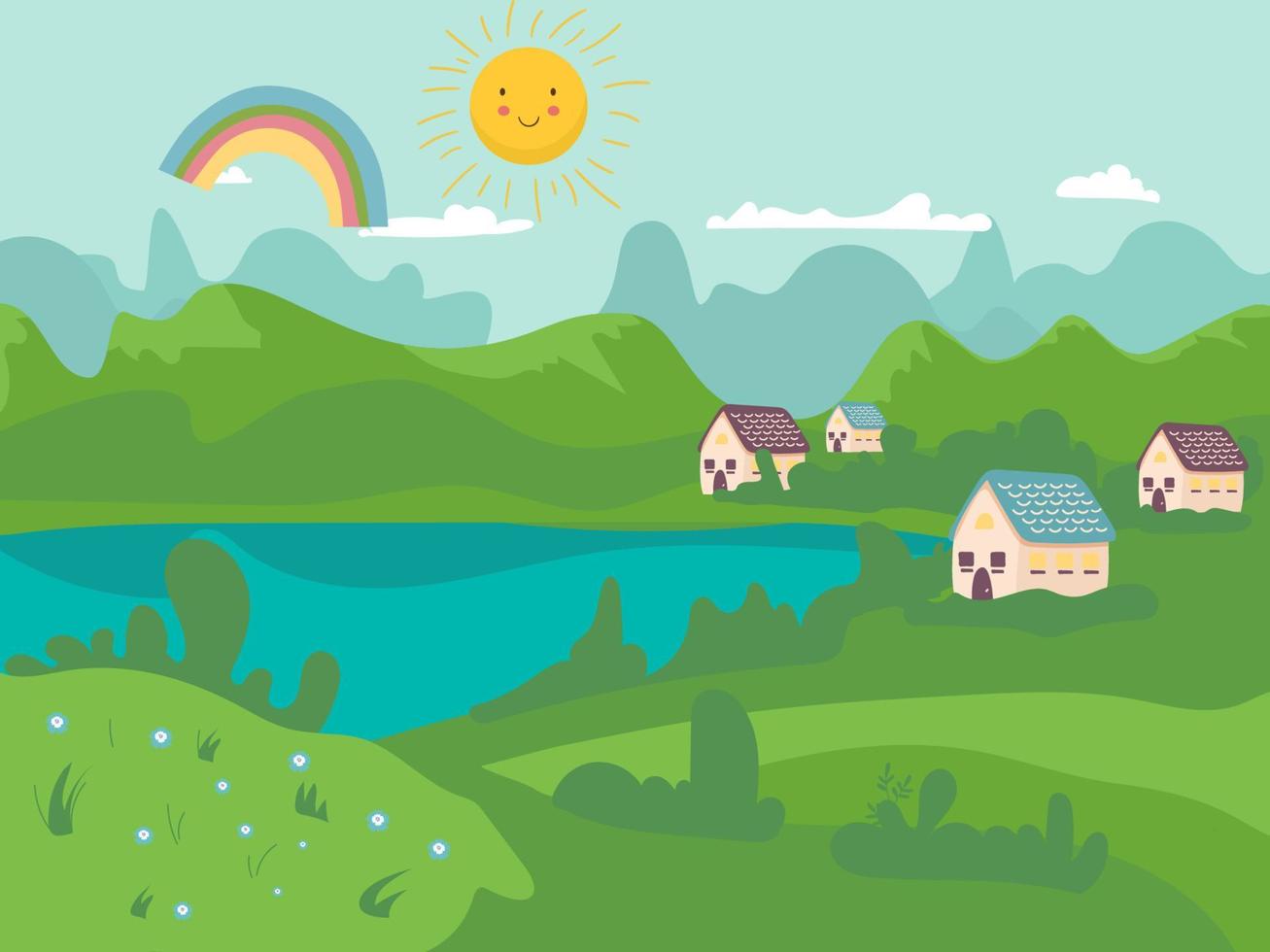 ilustração vetorial da bela paisagem de campos de verão com um amanhecer, colinas verdes, céu azul de cor brilhante, fundo do país em banner de estilo cartoon plana vetor
