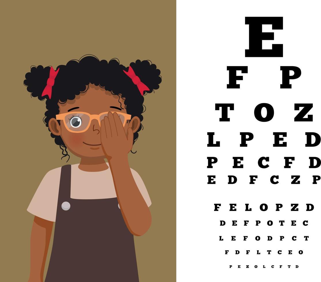 menina africana bonitinha com óculos cobre o olho com teste de visão lendo letras maiúsculas no consultório do oftalmologista vetor