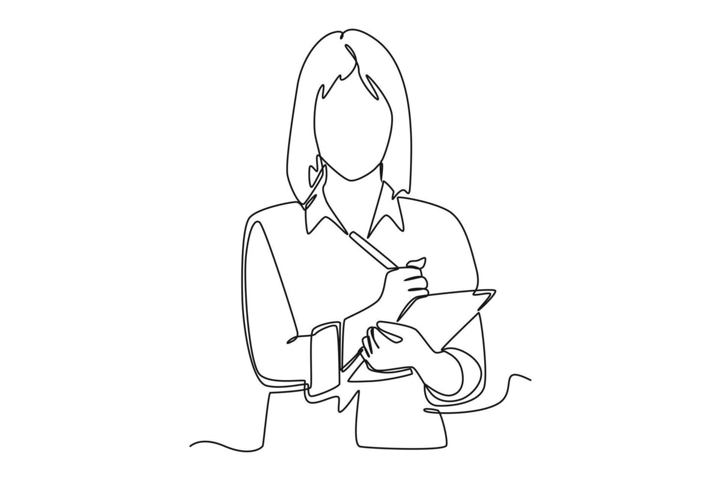 mulher de negócios de desenho de uma única linha usando verificação e controle de tablet para logística de armazém comercial moderno. conceito de gerenciamento da cadeia de suprimentos. ilustração em vetor gráfico de desenho de desenho de linha contínua.