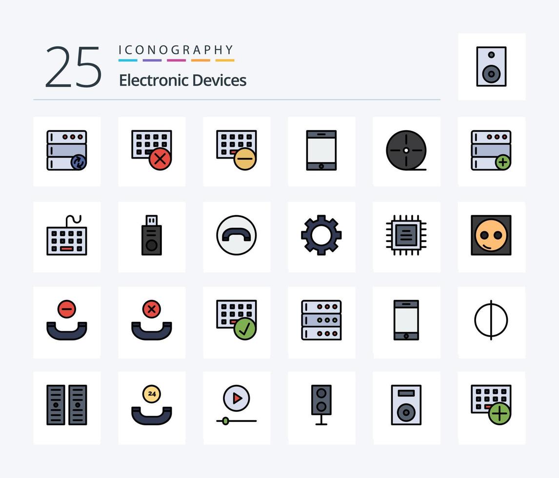 Pacote de ícones preenchidos com 25 linhas de dispositivos, incluindo novo. base. dispositivo. tecnologia. filme vetor