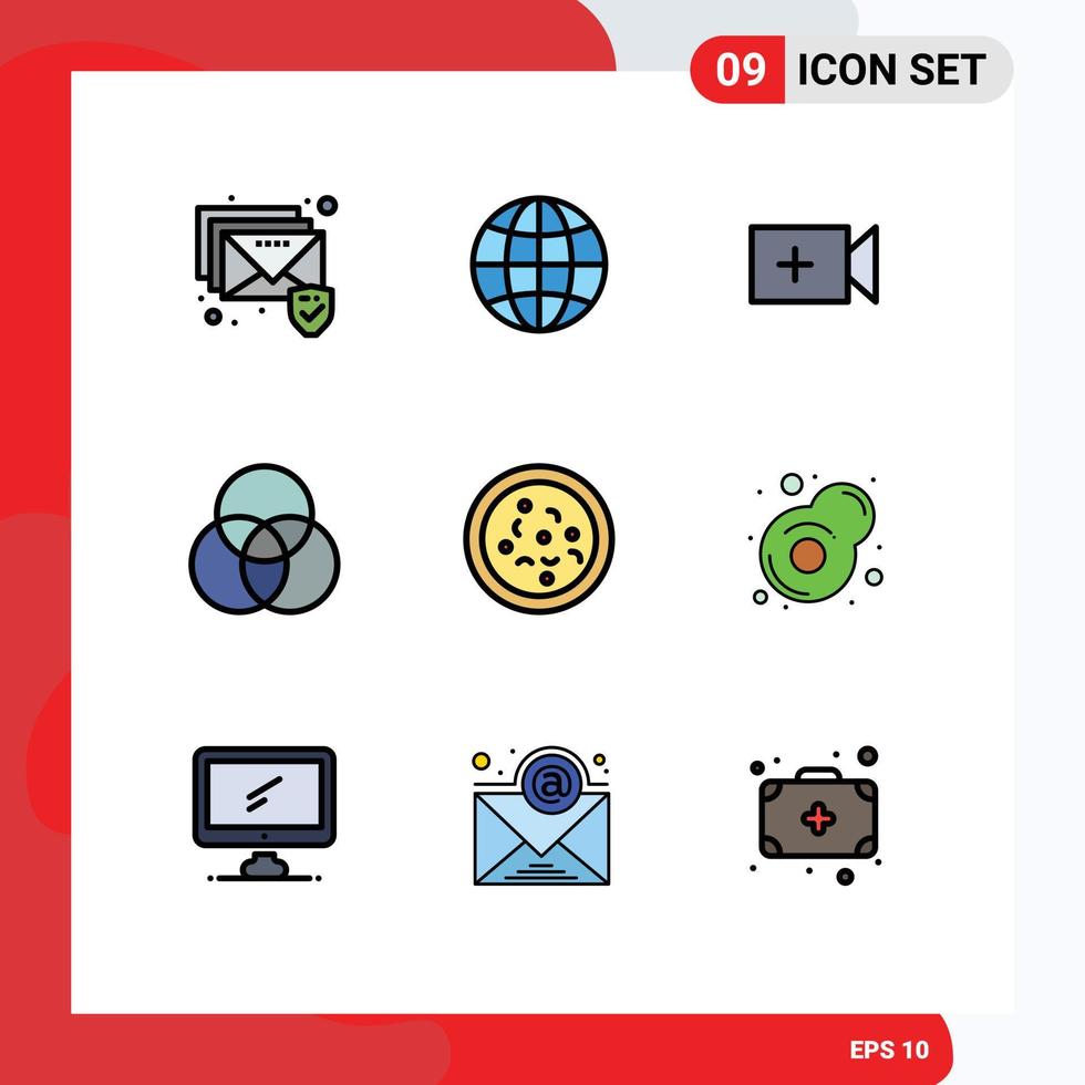 conjunto de 9 sinais de símbolos de ícones de interface do usuário modernos para vídeo de comida de café da manhã pizza cor elementos de design de vetores editáveis