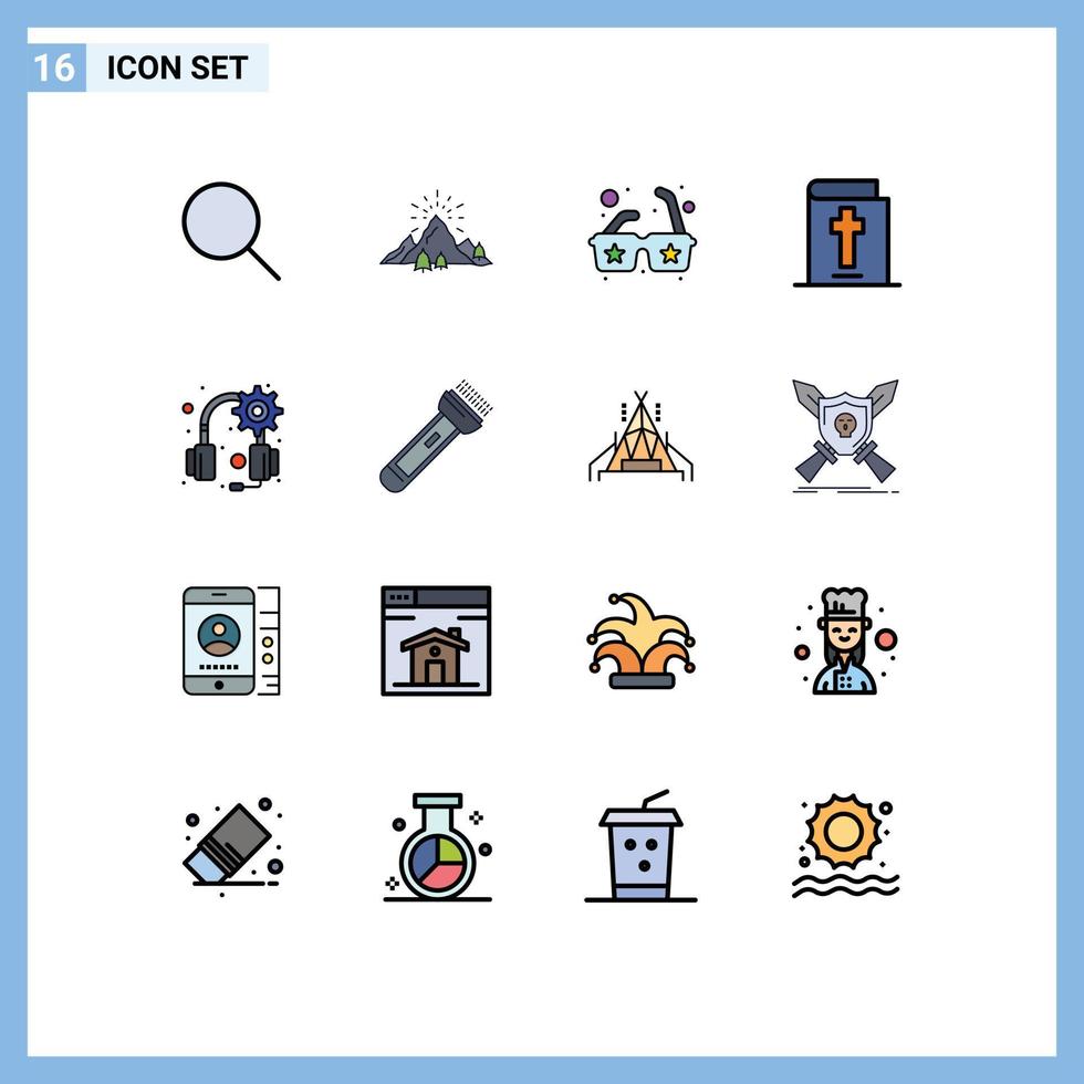 16 interface de usuário pacote de linha cheia de cores planas de sinais e símbolos modernos de fones de ouvido de tocha óculos engrenagem elementos de design de vetores criativos editáveis de halloween