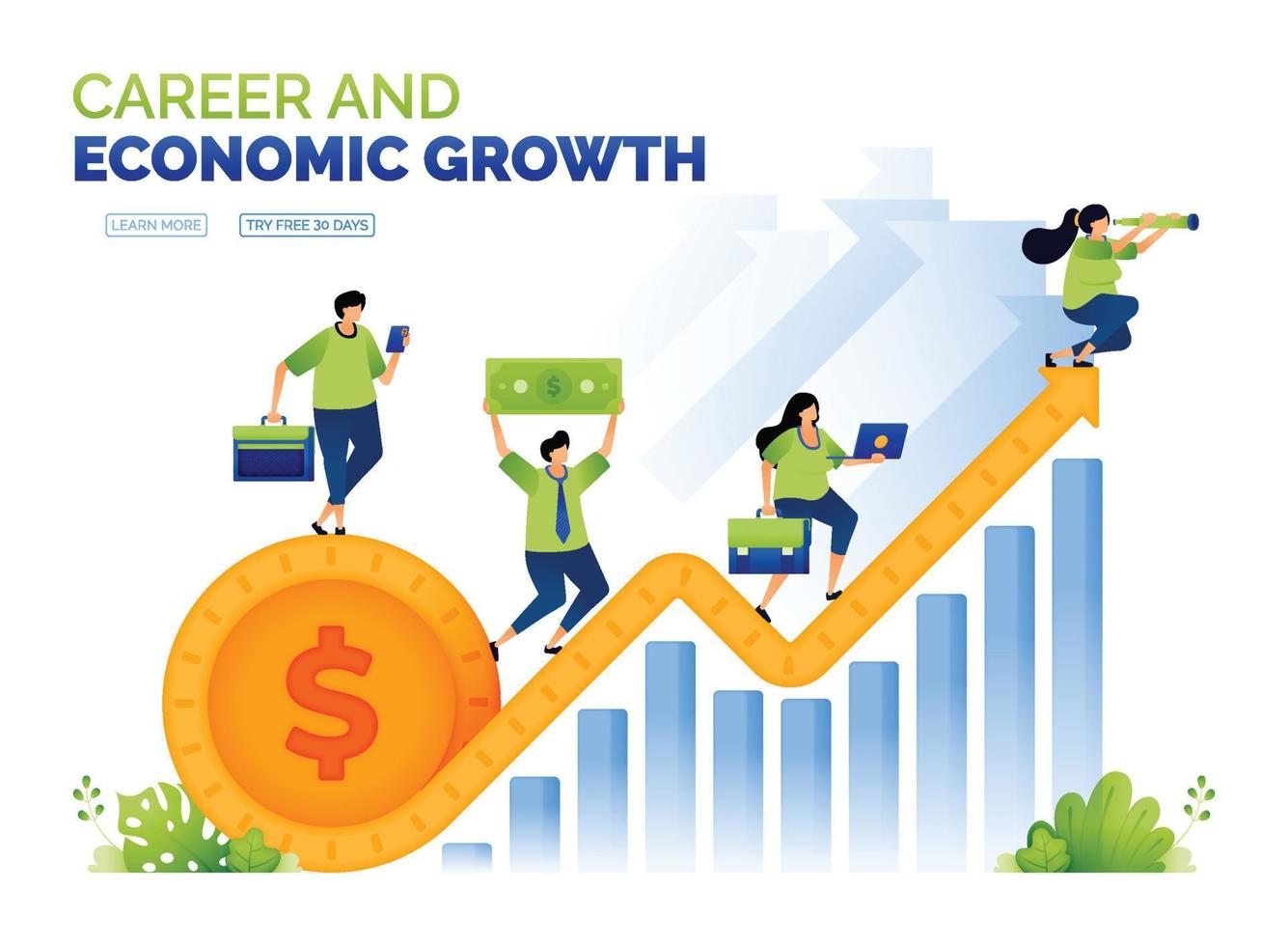 ilustração de dólar e moeda no crescimento econômico. carreira e aumentar a renda nos setores financeiro e bancário. crescimento do PIB e oportunidades de trabalho para todos. pode usar para anúncio, pôster, campanha, aplicativos vetor