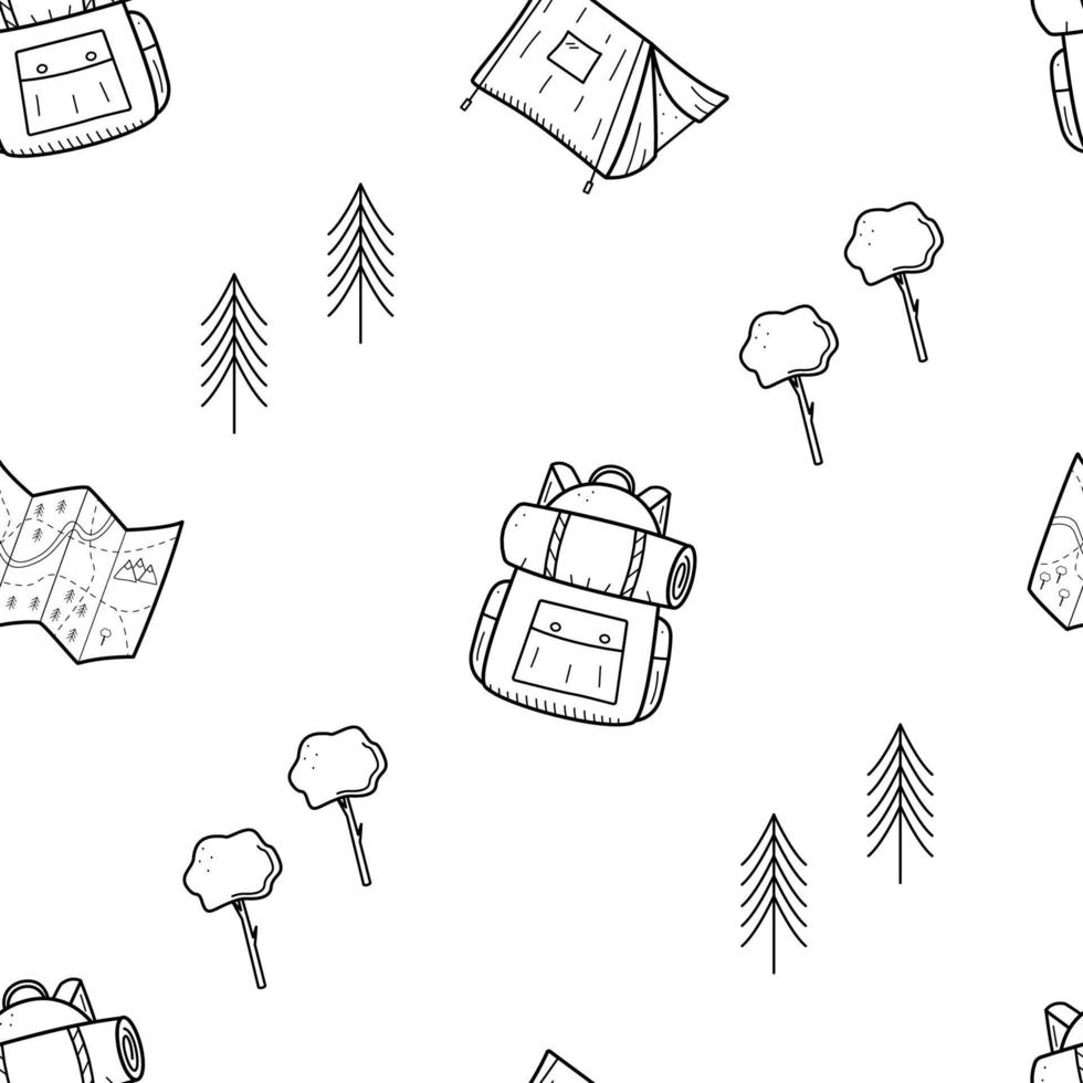 conjunto de ícones de doodle de acampamento padrão sem emenda. ilustração em vetor de elementos de caminhada.
