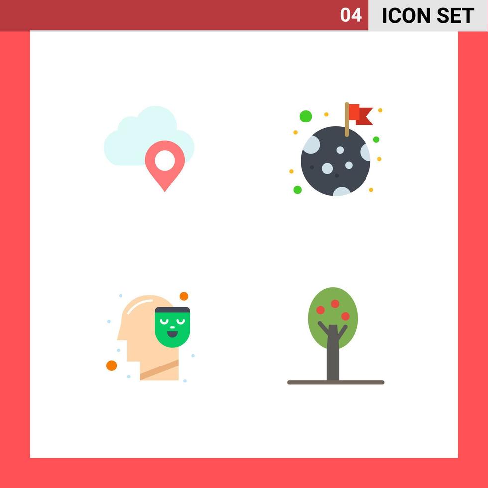 conjunto de ícones planos de interface móvel de 4 pictogramas de espaço de marcador de mente de nuvem rosto elementos de design de vetores editáveis