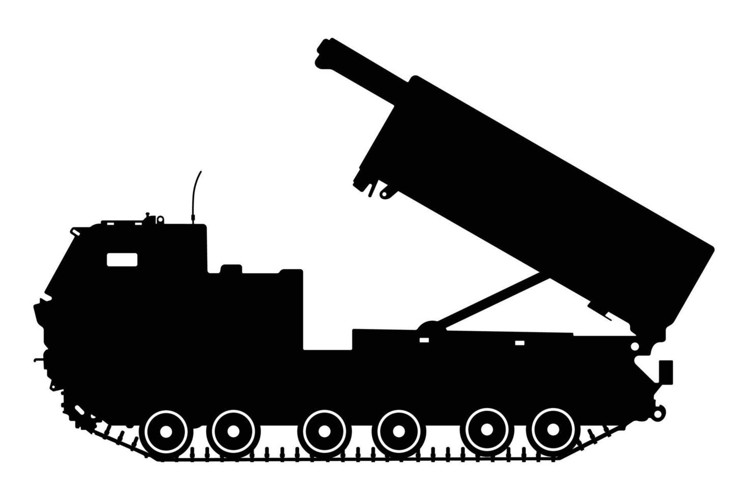 silhueta militar de lançador de foguetes múltiplos, força terrestre, ilustração do sistema de artilharia de foguetes de arma do exército vetor