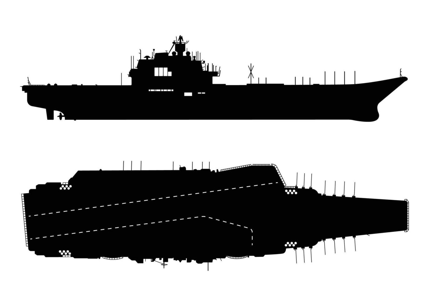 silhueta de navio de guerra de porta-aviões, navio de capital militar de base aérea de mar do exército vetor