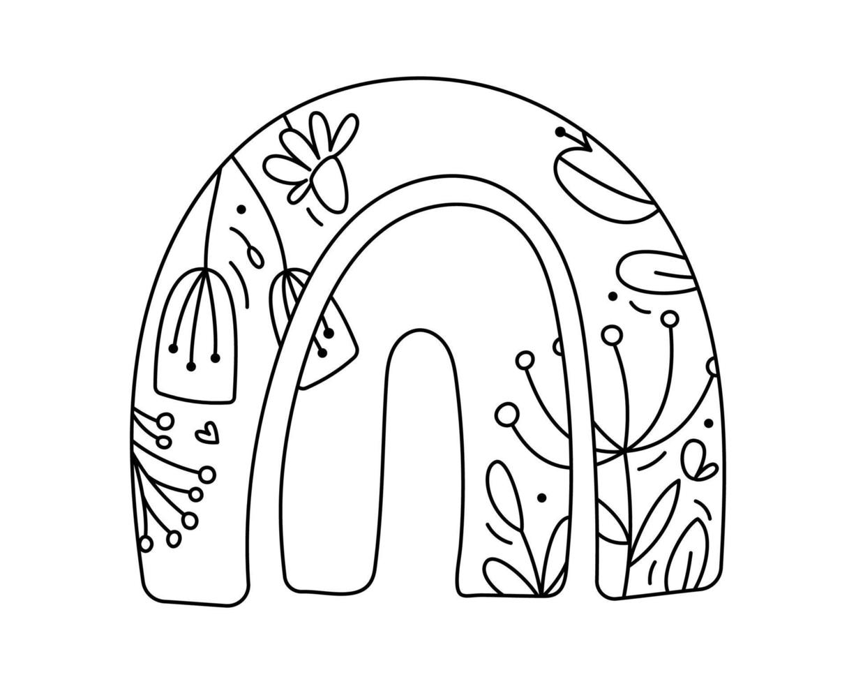 primavera de linha de arco-íris de bebê desenhada de mão fofa com bagas de linha, galhos, textura de flor. ilustração de contorno de ícone para cartão de saudação bebê, web design, convite vetor