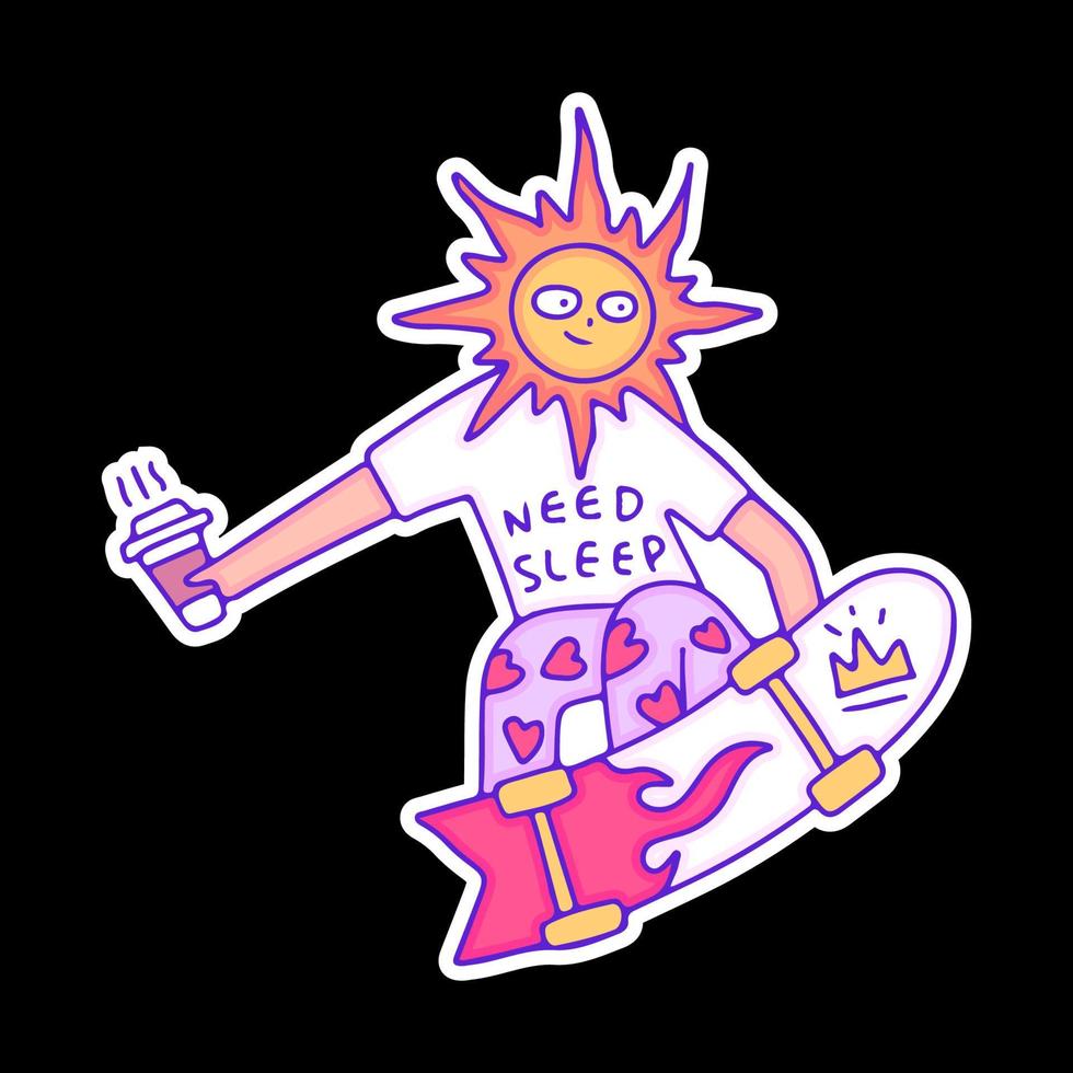 personagem hype sun segurando uma xícara de café e estilo livre com skate, ilustração para camiseta, adesivo ou mercadoria de vestuário. com estilo doodle, retrô e desenho animado. vetor