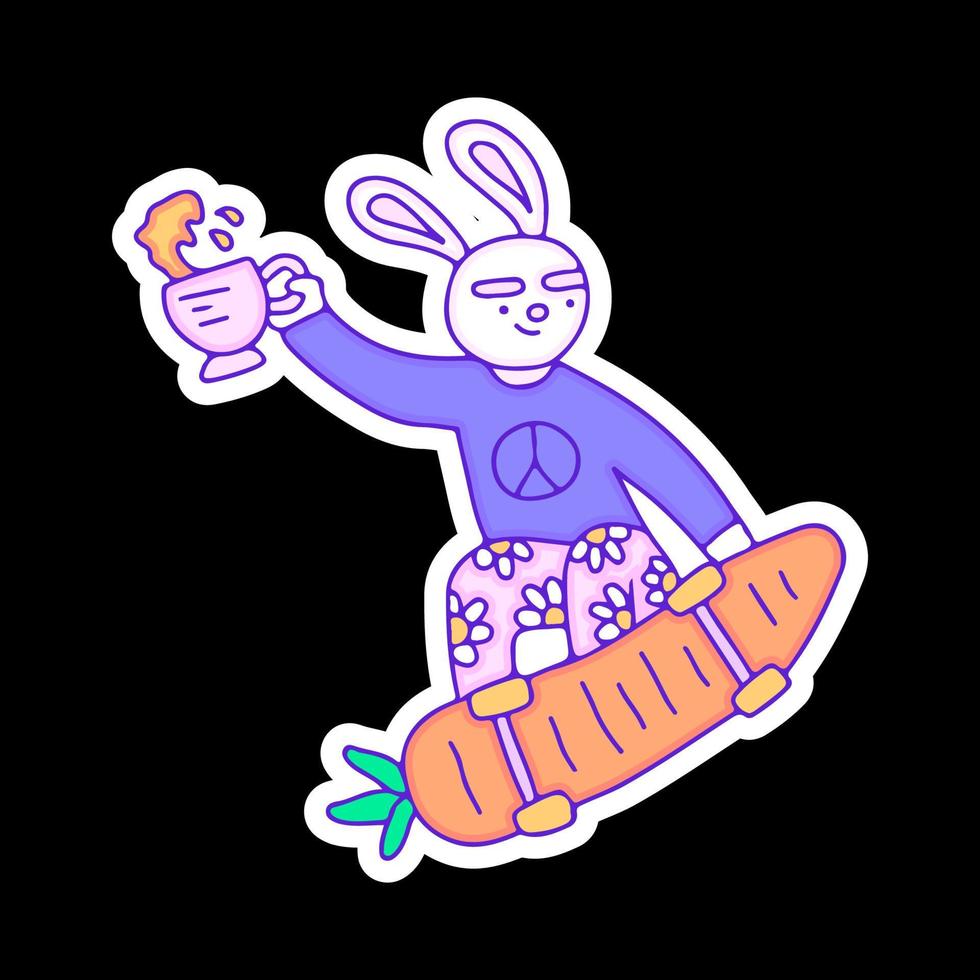 personagem hype bunny segurando a xícara de chá e estilo livre com skate de cenoura, ilustração para camiseta, adesivo ou mercadoria de vestuário. com estilo doodle, retrô e desenho animado. vetor