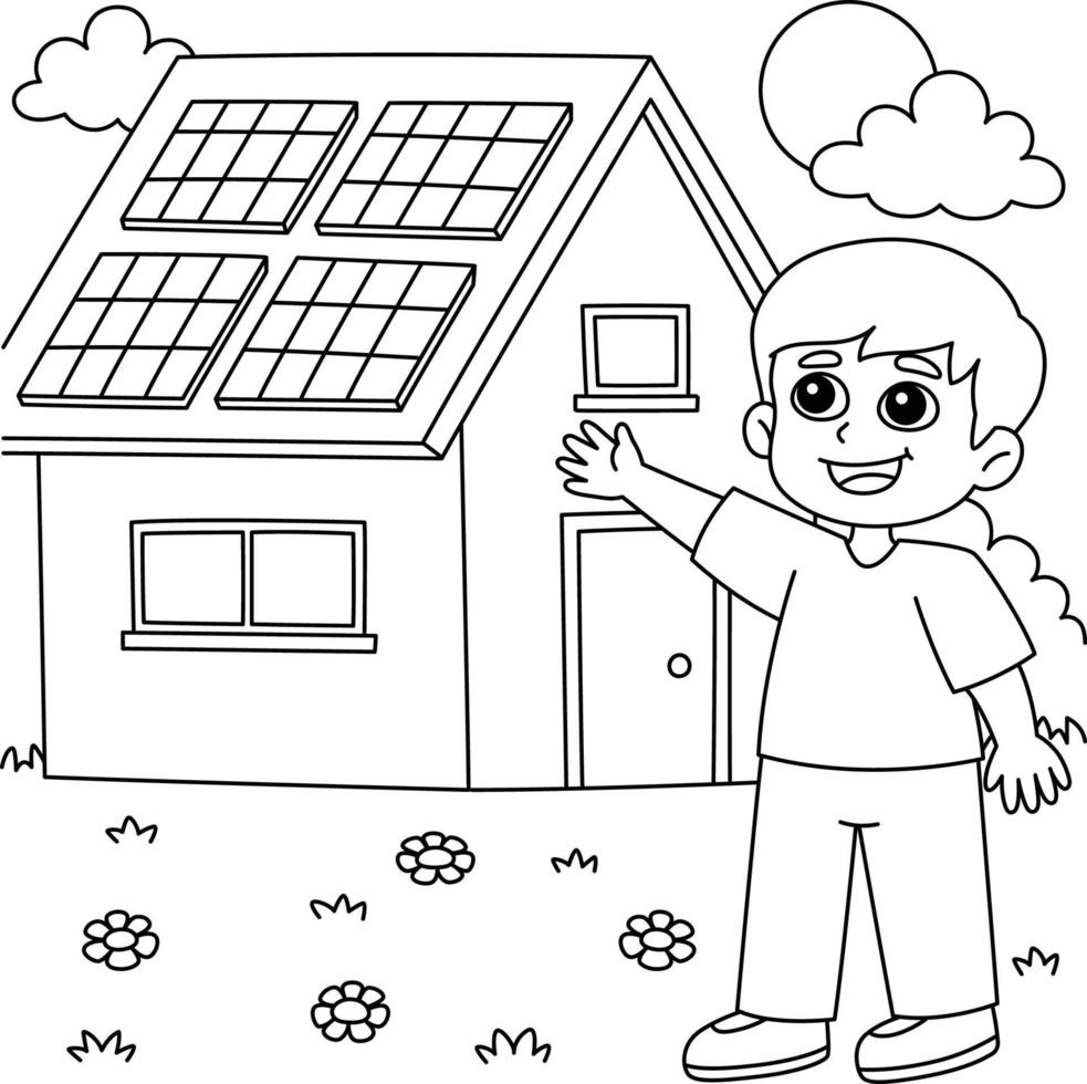 desenho de menino com uma casa de painel solar para colorir vetor