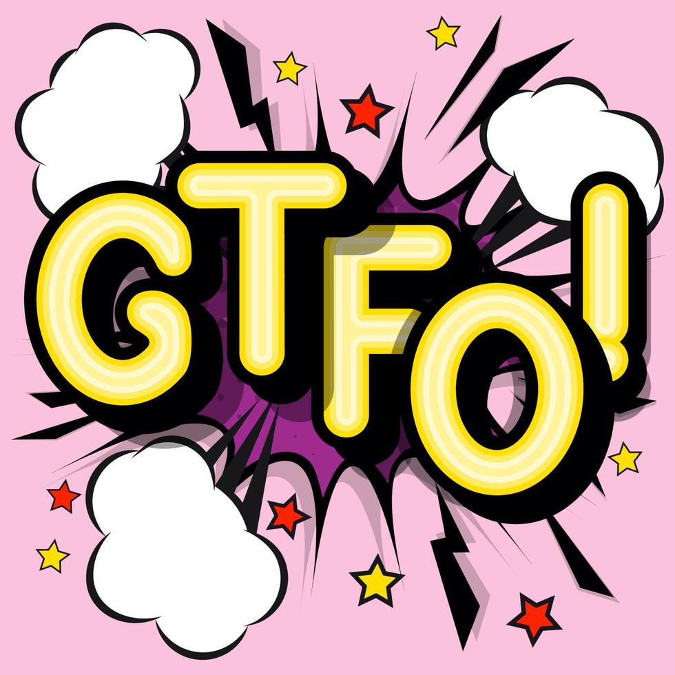 gtfo - letras retrô com sombras, padrão de meio-tom no fundo do pôster retrô. ilustração em vetor brilhante no estilo vintage pop art.