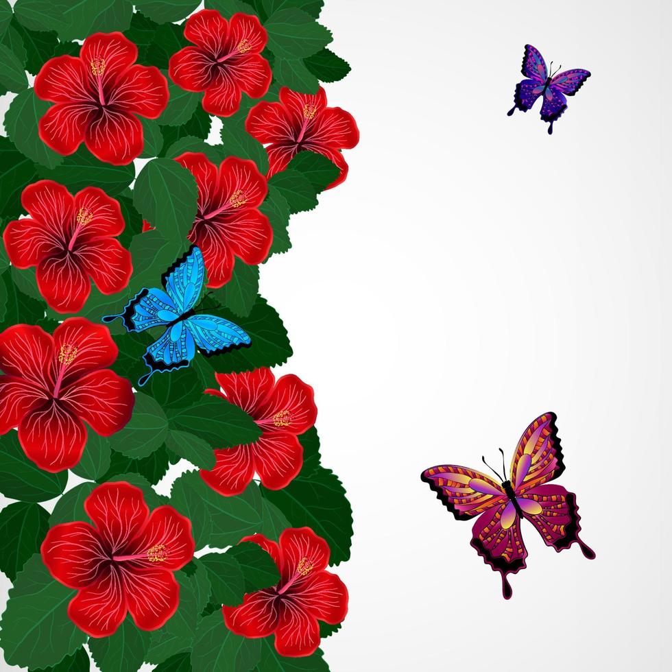 fundo de desenho floral. flores de hibisco com borboletas. vetor