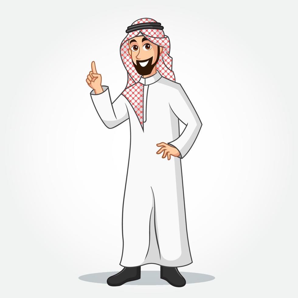 personagem de desenho animado do empresário árabe em roupas tradicionais apontando para cima o gesto do dedo indicador vetor