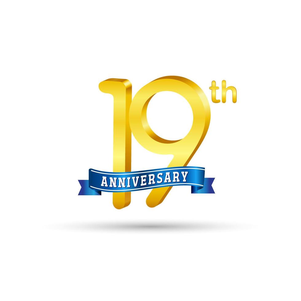 logotipo do 19º aniversário de ouro com fita azul isolada no fundo branco. logotipo de aniversário de ouro 3d vetor