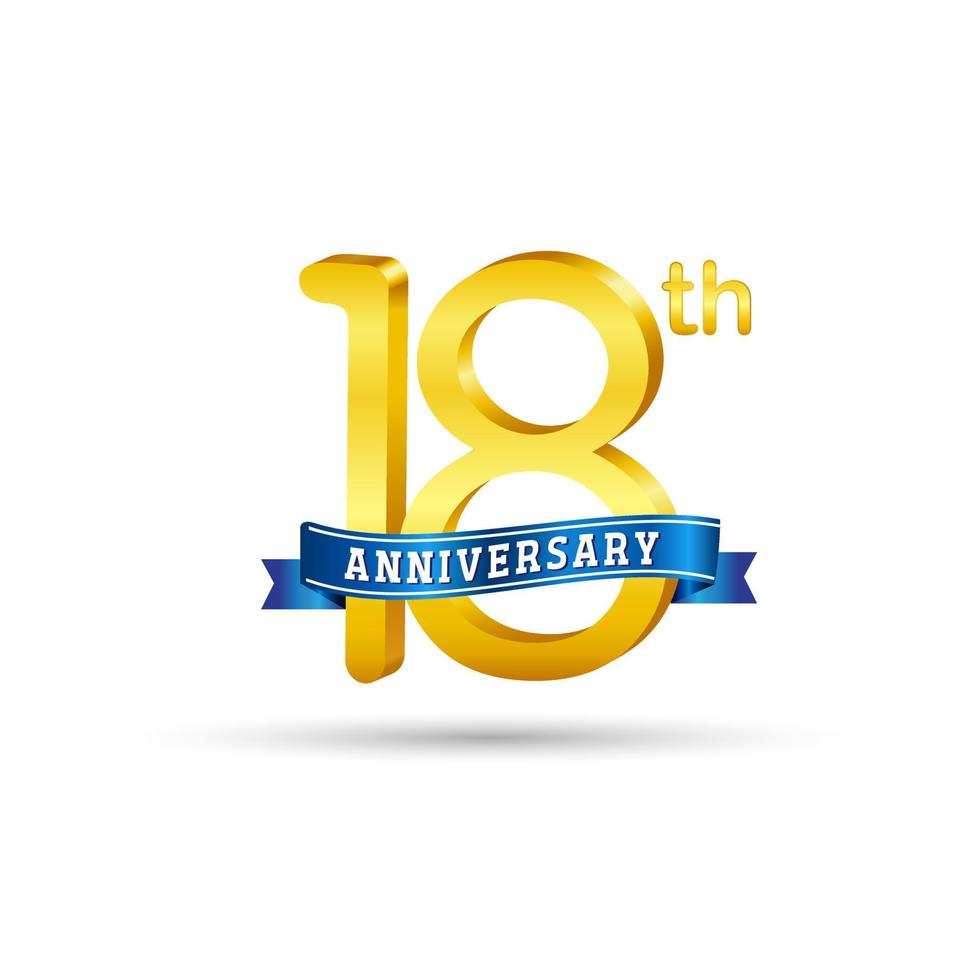 logotipo do 18º aniversário de ouro com fita azul isolada no fundo branco. logotipo de aniversário de ouro 3d vetor