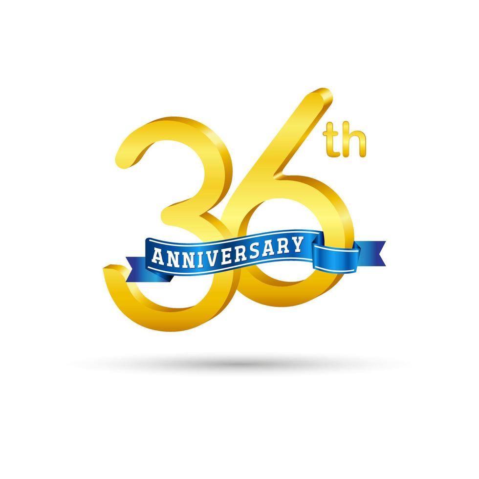 logotipo do 36º aniversário de ouro com fita azul isolada no fundo branco. logotipo de aniversário de ouro 3d vetor