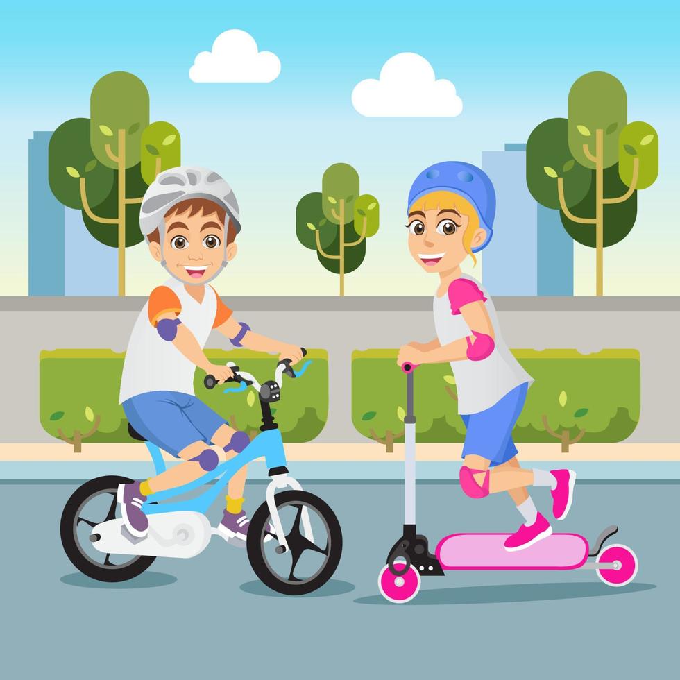 menino e menina bonito dos desenhos animados andar de bicicleta e scooter no parque vetor