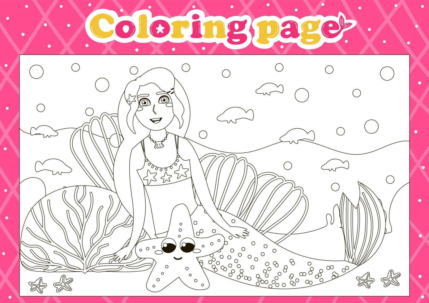 página para colorir com tema de conto de fadas para crianças com personagem de sereia fofa e estrela do mar vetor