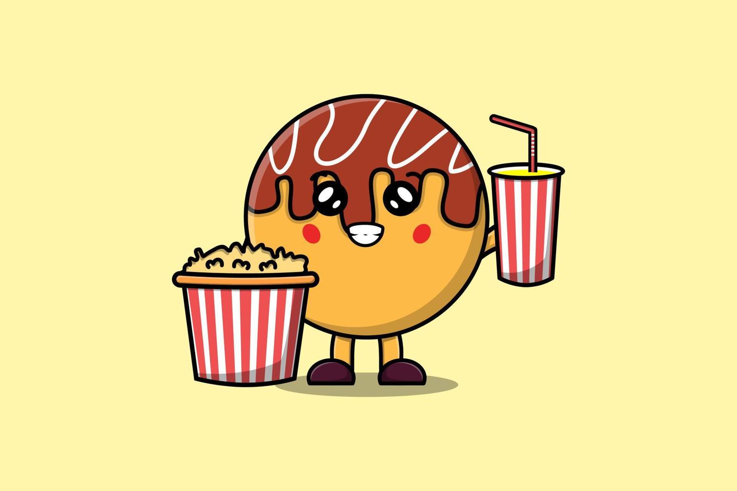 takoyaki bonito dos desenhos animados com pipoca e bebida vetor