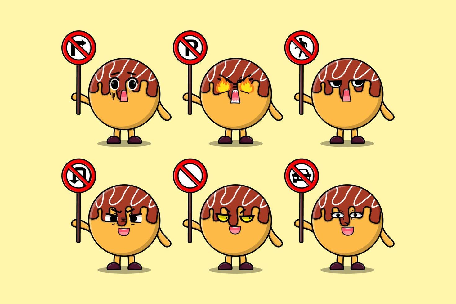 personagem de desenho animado bonito takoyaki segura sinal de trânsito vetor